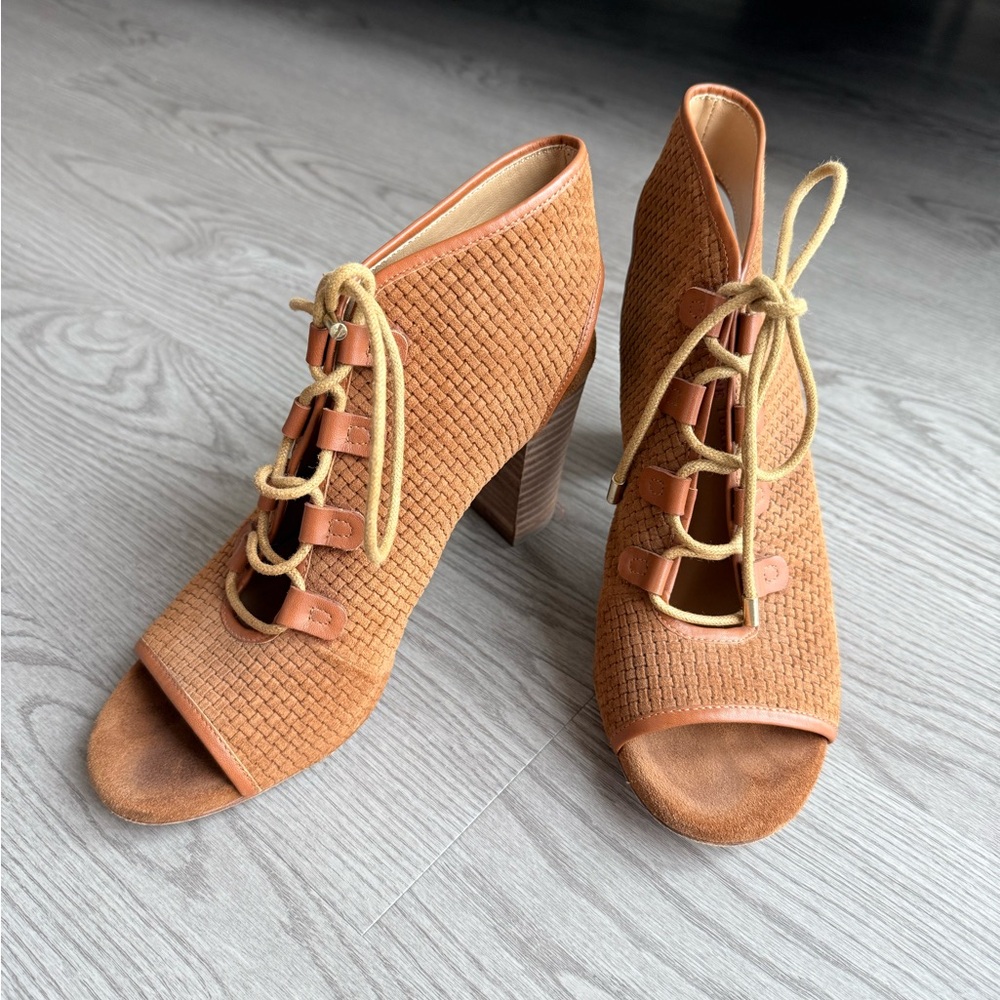 Elaine Turner Woven Tan Lace-Up Heels